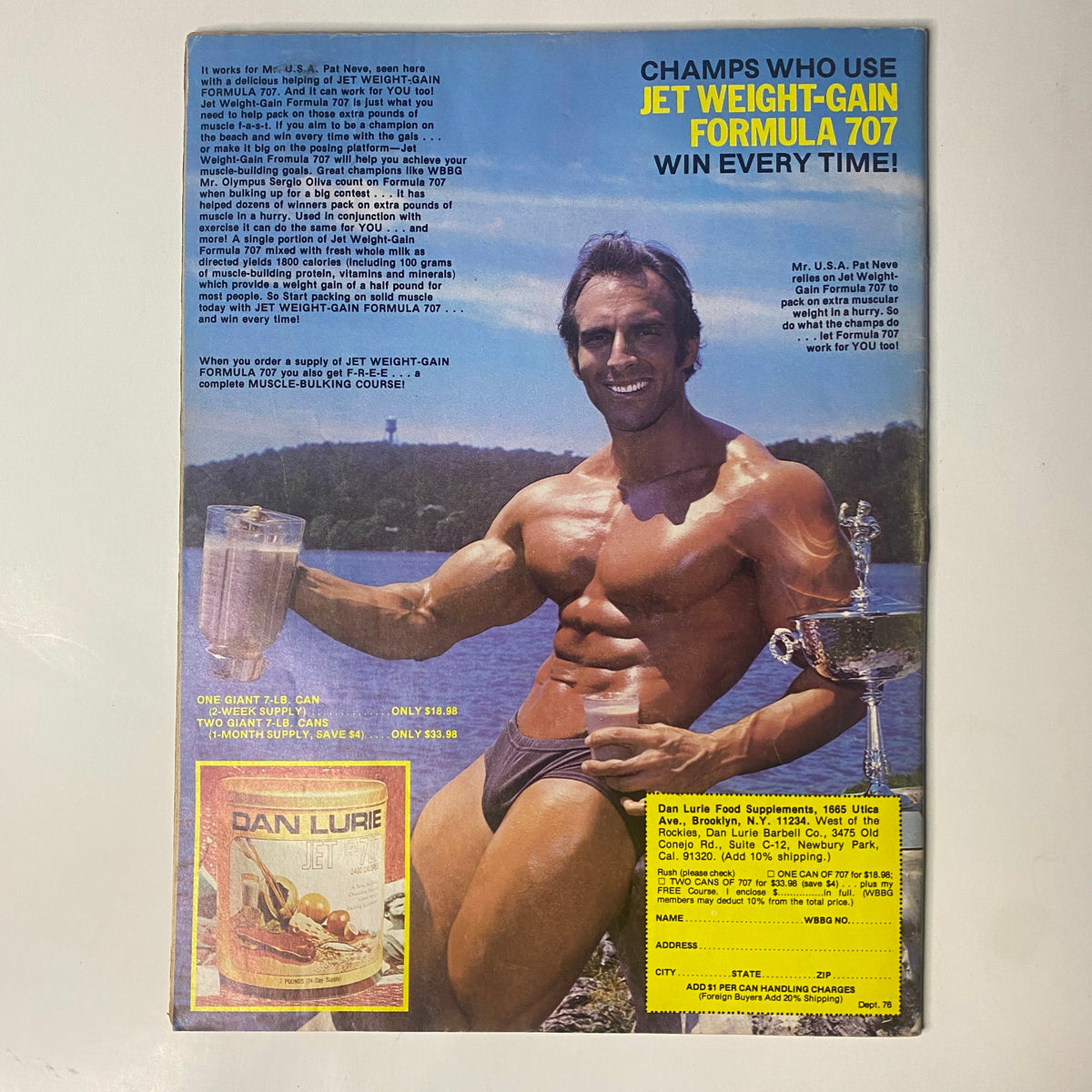 Muscle Training Illustrated May 1979 No. 76 back cover displaying an advertisement for Jet Weight-Gain Formula 707 with a muscular male model by a lake, emphasizing bodybuilding supplements.
