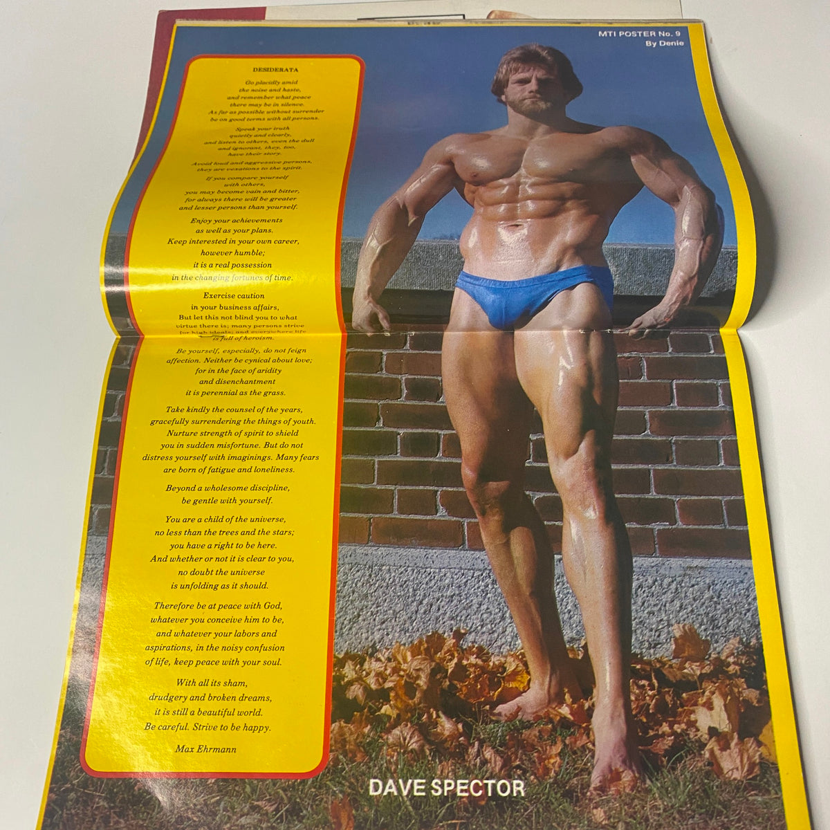 Centerfold of Muscle Training Illustrated July 1979 No. 77 featuring athlete Dave Spector posing with inspirational text about bodybuilding philosophy.