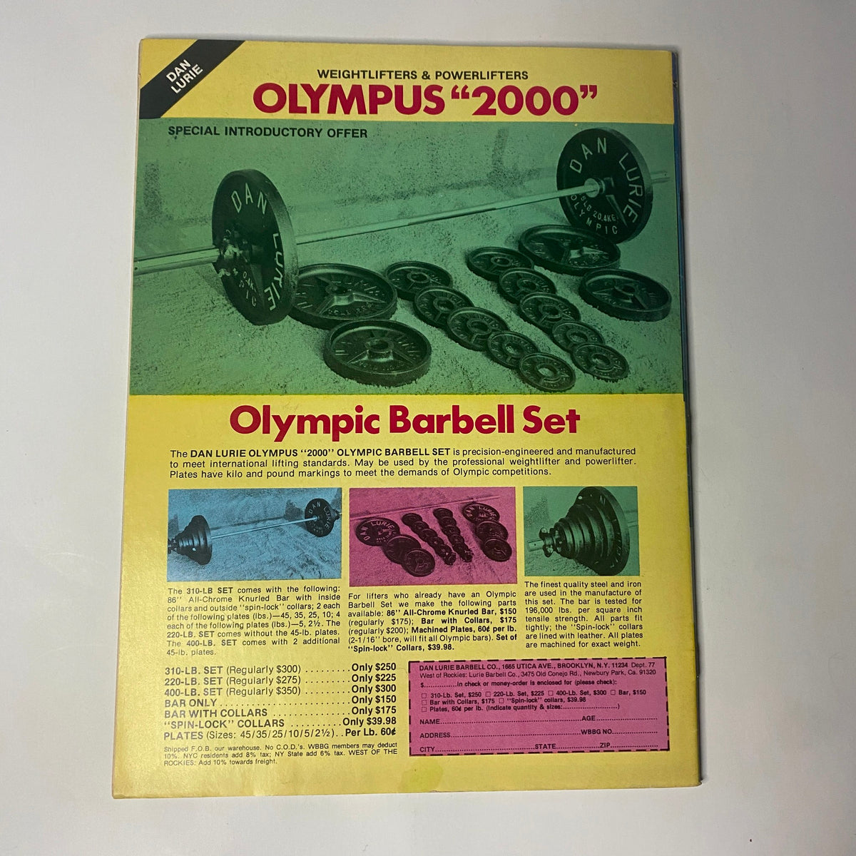 Olympic Barbell Set featuring the Dan Lurie 'Olympus 2000' weightlifting equipment, part of the Muscle Training Illustrated July 1979 No. 77 collection.