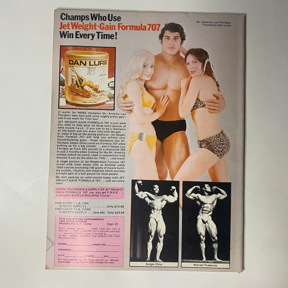 Advertisement page from Muscle Training Illustrated July 1977 No. 61 promoting Jet Weight-Gain Formula 707, featuring testimonials from bodybuilders Sergio Oliva and Warren Frederick.