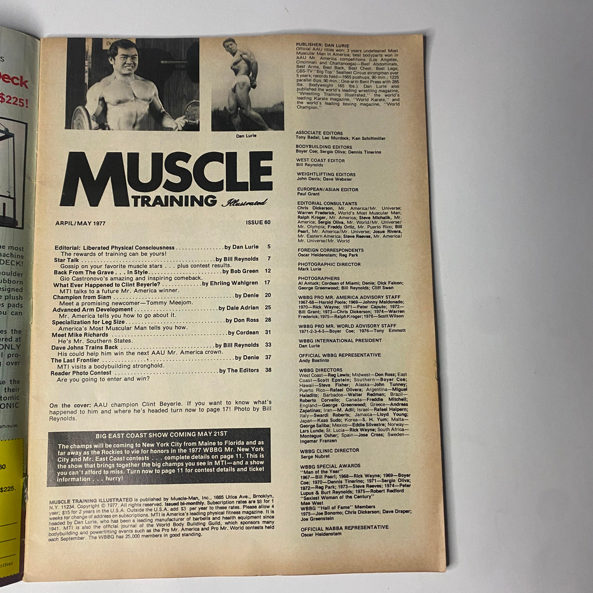 Interior page from Muscle Training Illustrated May 1977 No. 60 featuring articles on bodybuilding, with a photo of AAU Champion Clint Beyerle.