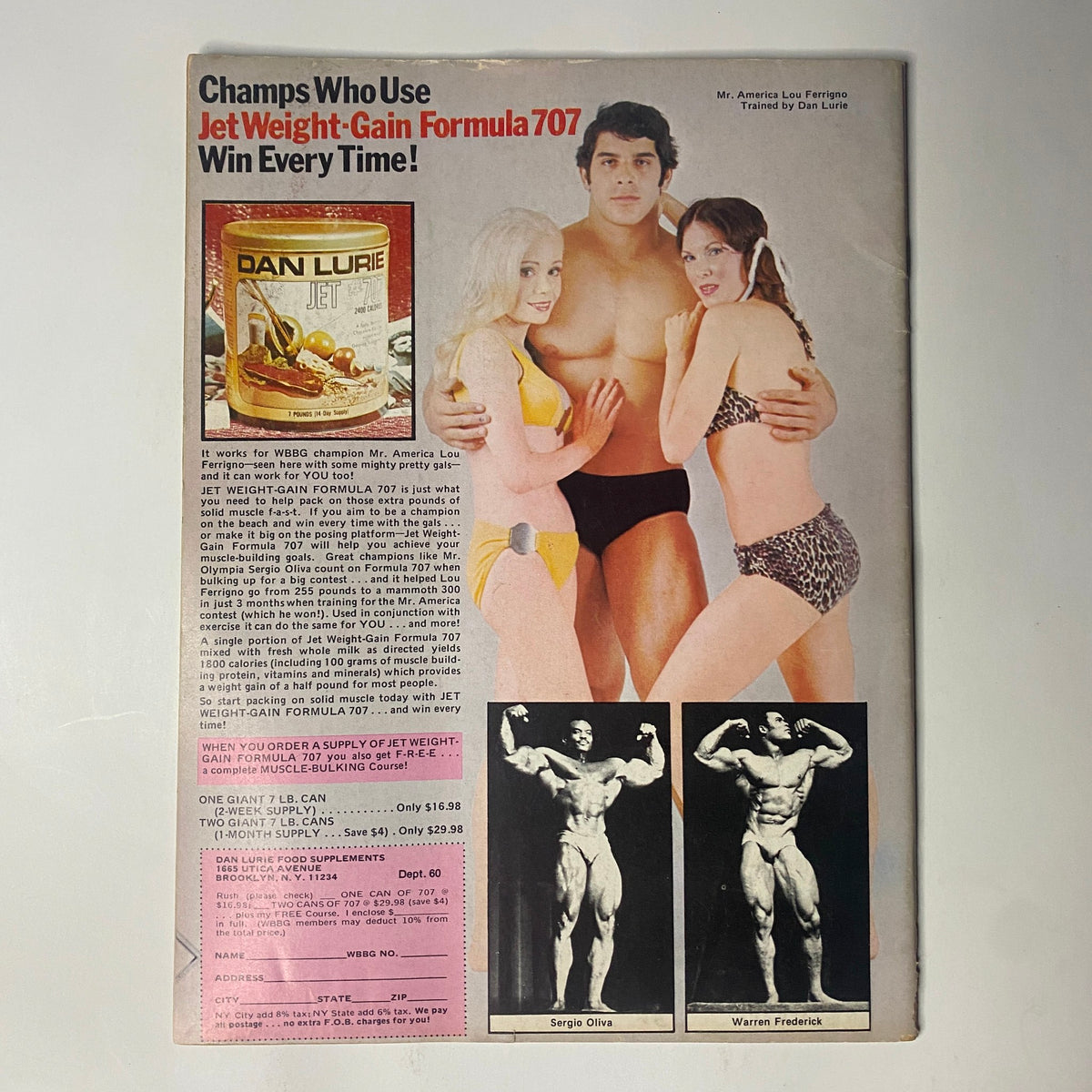 Back cover of Muscle Training Illustrated May 1977 No. 60 showcasing Dan Lurie Jet Weight Gain advertisement alongside fitness models.