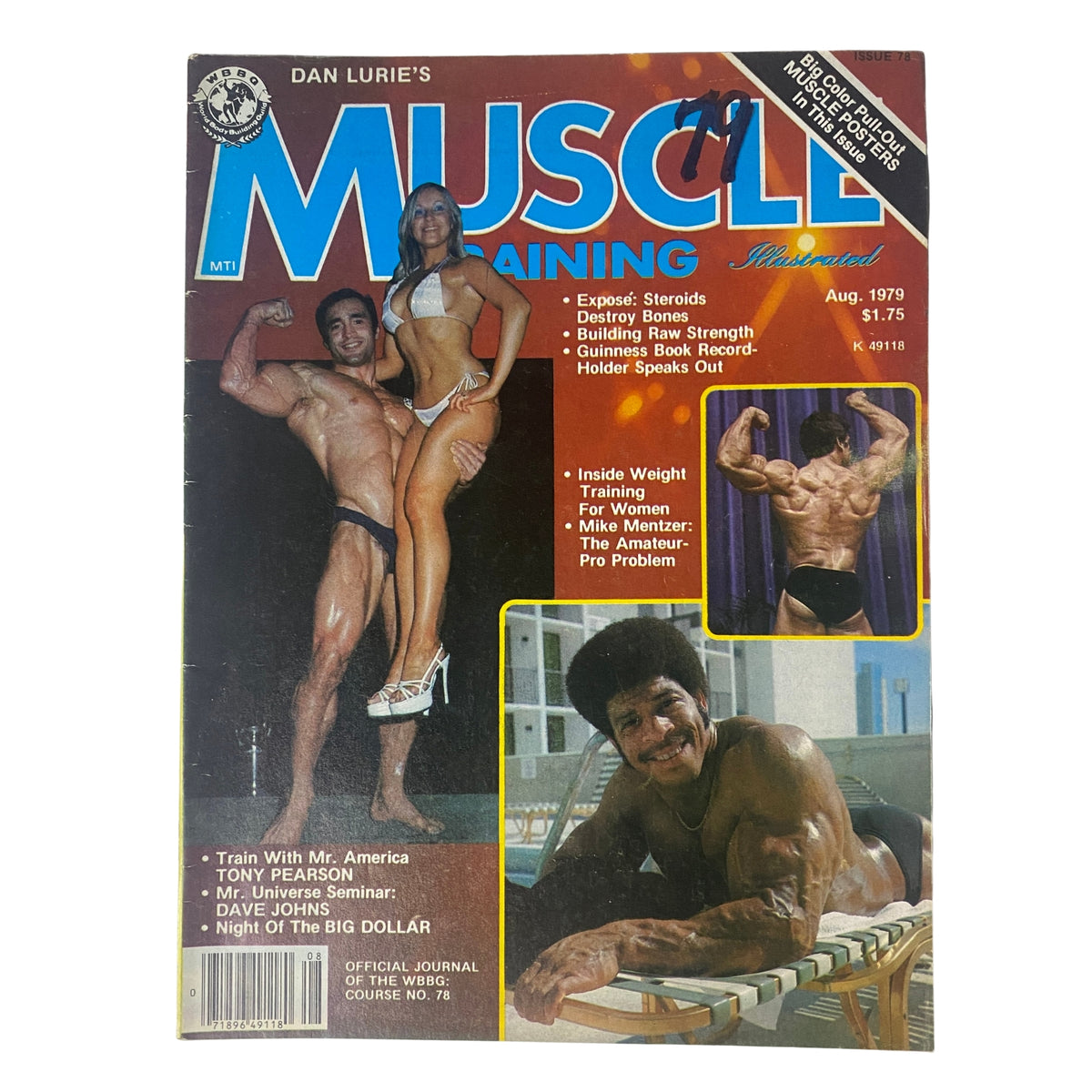 Cover of Muscle Training Illustrated, August 1979, featuring Ahmet Enünlü and Bill Grant, highlighting bodybuilding tips and training insights.