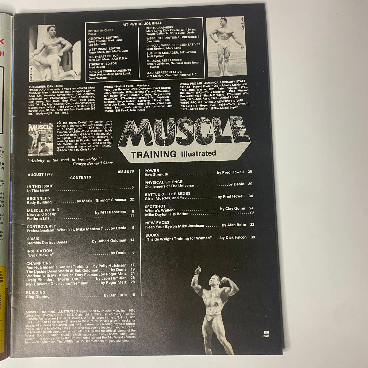 Inside spread of Muscle Training Illustrated, August 1979, showcasing the table of contents and editorial information, capturing the essence of bodybuilding journalism.