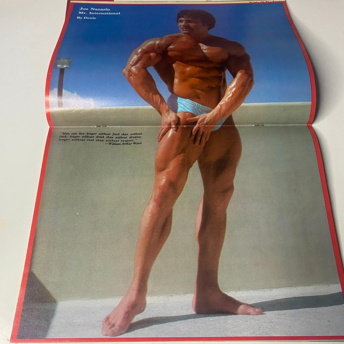 Centerfold of Muscle Training Illustrated, August 1979, featuring Joe Nazario, Mr. International, displaying a muscular physique and bodybuilding pose.