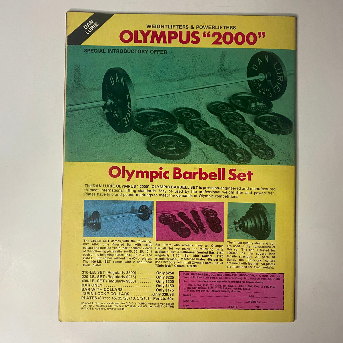 Muscle Training Illustrated October 1979, Issue No. 79 back cover advertising the Dan Lurie Olympus 2000 Barbell Set with product details.