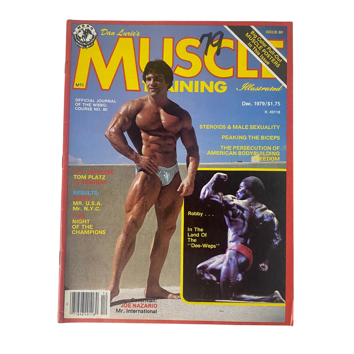 Muscle Training Illustrated December 1979 No. 80 featuring Joe Nazario on the cover, showcasing bodybuilding themes and prominent athletes including Tom Platz and Robby Robinson.