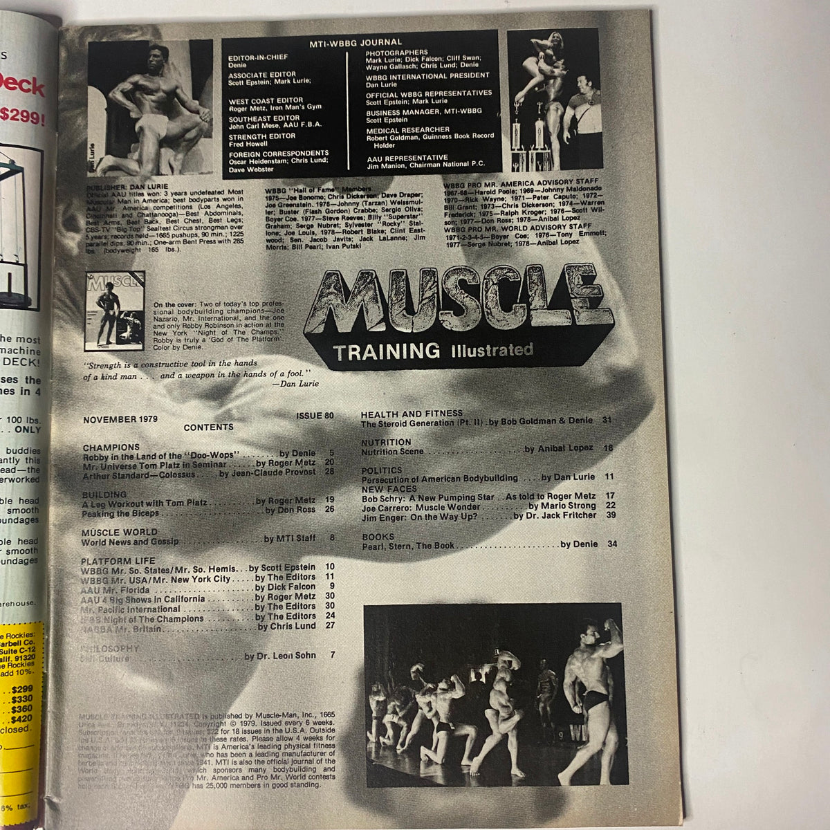 Interior page of Muscle Training Illustrated December 1979 No. 80 displaying the contents, highlighting features on bodybuilding events and training techniques.