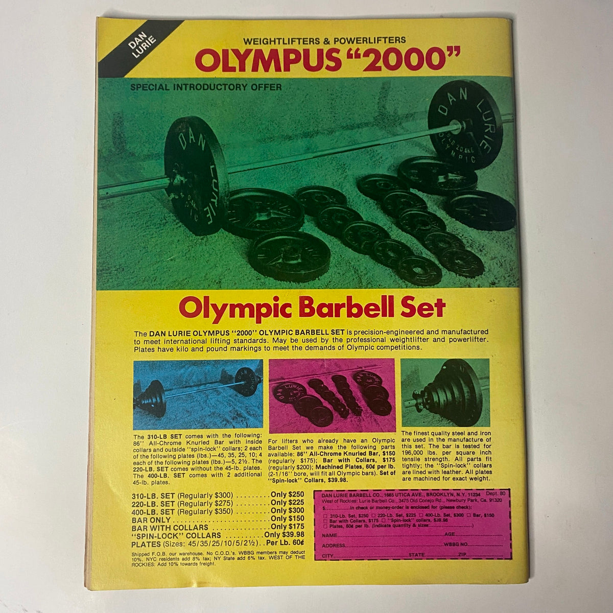 Muscle Training Illustrated December 1979 No. 80 promotional advertisement for the Dan Lurie Olympus 2000 Olympic Barbell Set, emphasizing quality and professional standards in weightlifting equipment.