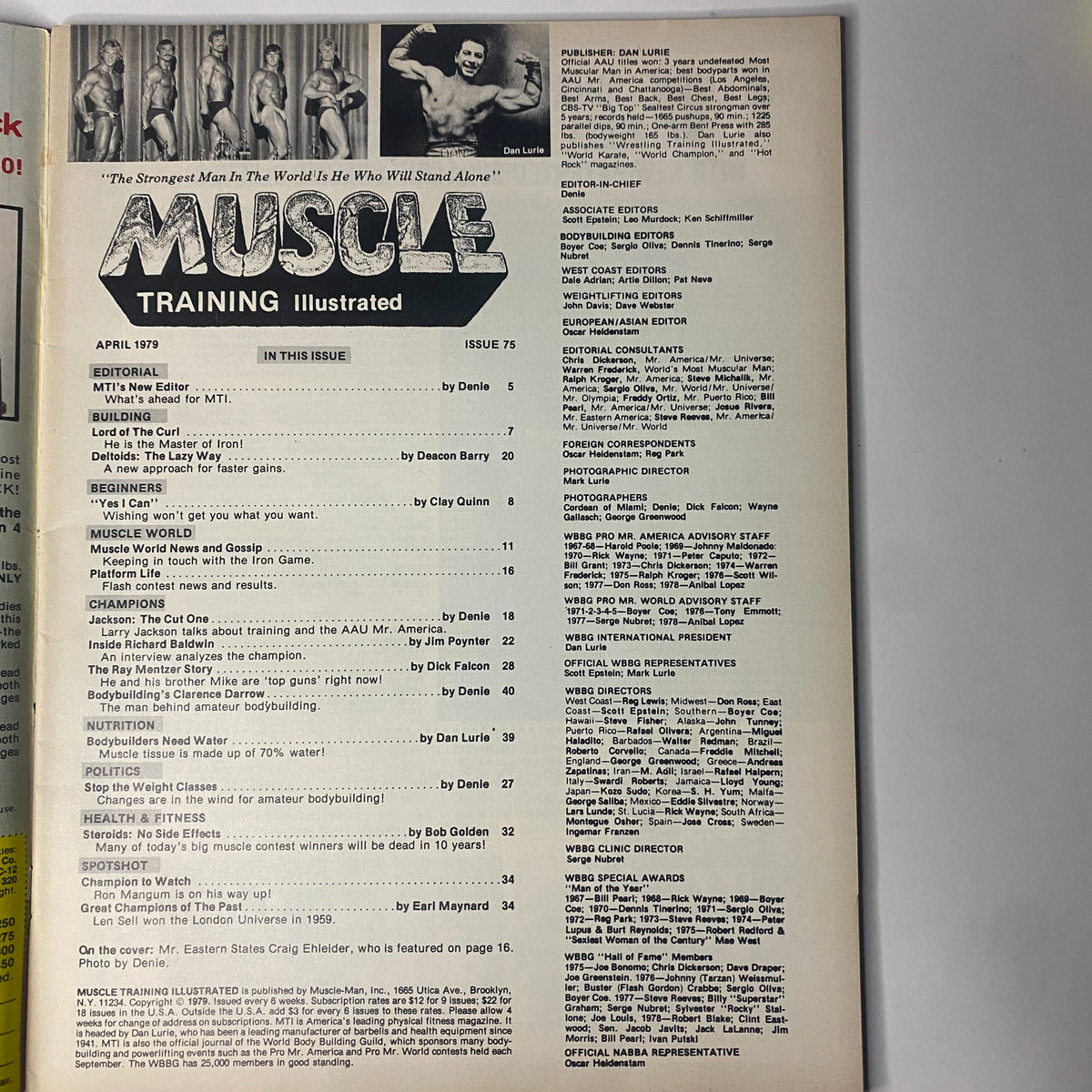 Table of Contents for Muscle Training Illustrated April 1979 No. 75, detailing articles and features including 'Lord of The Curl' and 'Bodybuilders Need Water'.