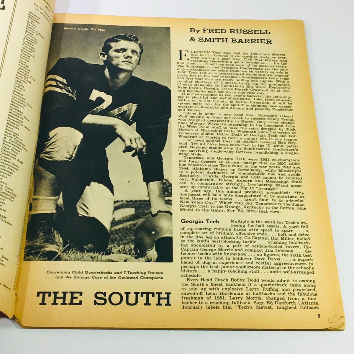 Interior page of the VTG Illustrated Football Annual Magazine 1952, featuring an article by Fred Russell and Smith Barrier, with a focus on football strategies and players from the 1950s South.