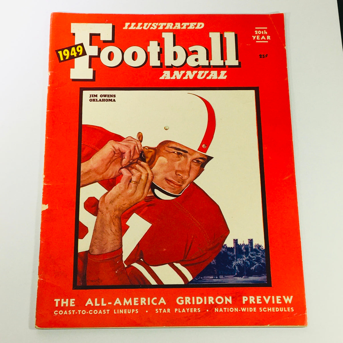 Cover of the VTG Illustrated Football Annual Magazine 1949 featuring Jim Owens of Oklahoma, showcasing bold graphics and vivid colors, highlighting the theme of college football.