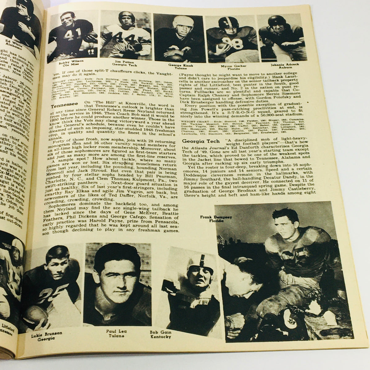 VTG Illustrated Football Annual Magazine 1949 displaying a page dedicated to college football teams and players, including athletes from Tennessee and Georgia Tech.