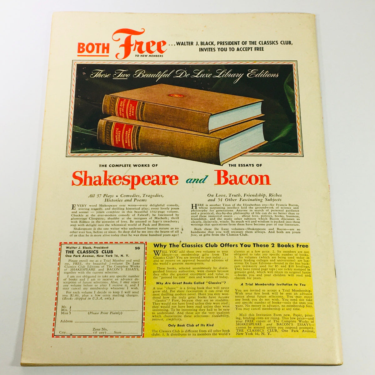 VTG Illustrated Football Annual Magazine 1949 highlighting a vintage advertisement on the back cover, featuring library editions of Shakespeare and Bacon.