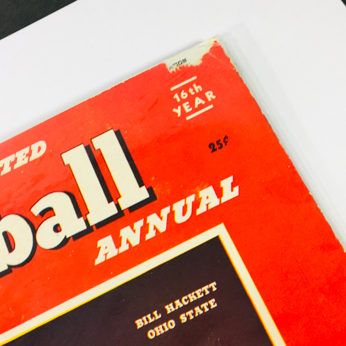 Close-up of the VTG Illustrated Football Annual Magazine 1945 cover highlighting the title and Bill Hackett of Ohio State, displaying wear indicative of its historical value.