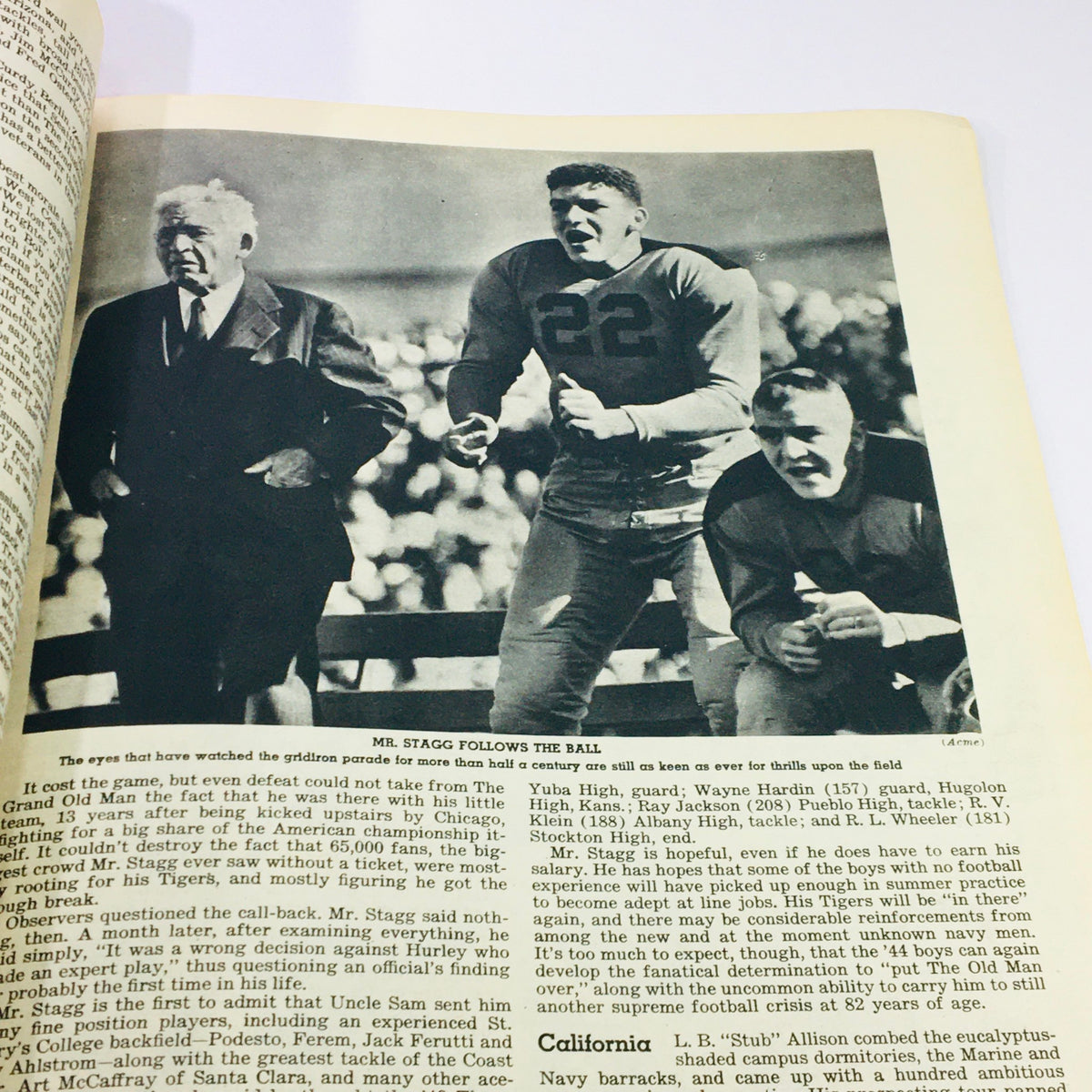 Inside page of the VTG Illustrated Football Annual Magazine 1944, displaying a historical football scene with players and coaches.