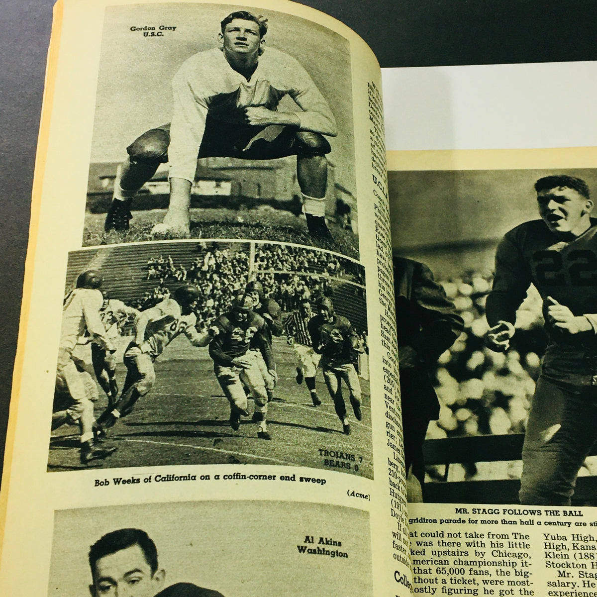 Another inside page of the VTG Illustrated Football Annual Magazine 1944, highlighting Gordon Gray, an athlete from U.S.C., alongside action shots of historical football plays.