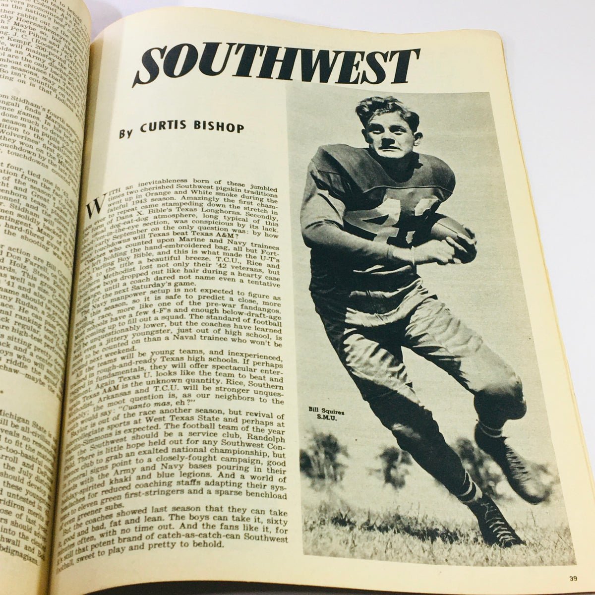 Page from the VTG Illustrated Football Annual Magazine 1944 by Curtis Bishop, featuring Bill Squires of S.M.U. and discussing football insights.
