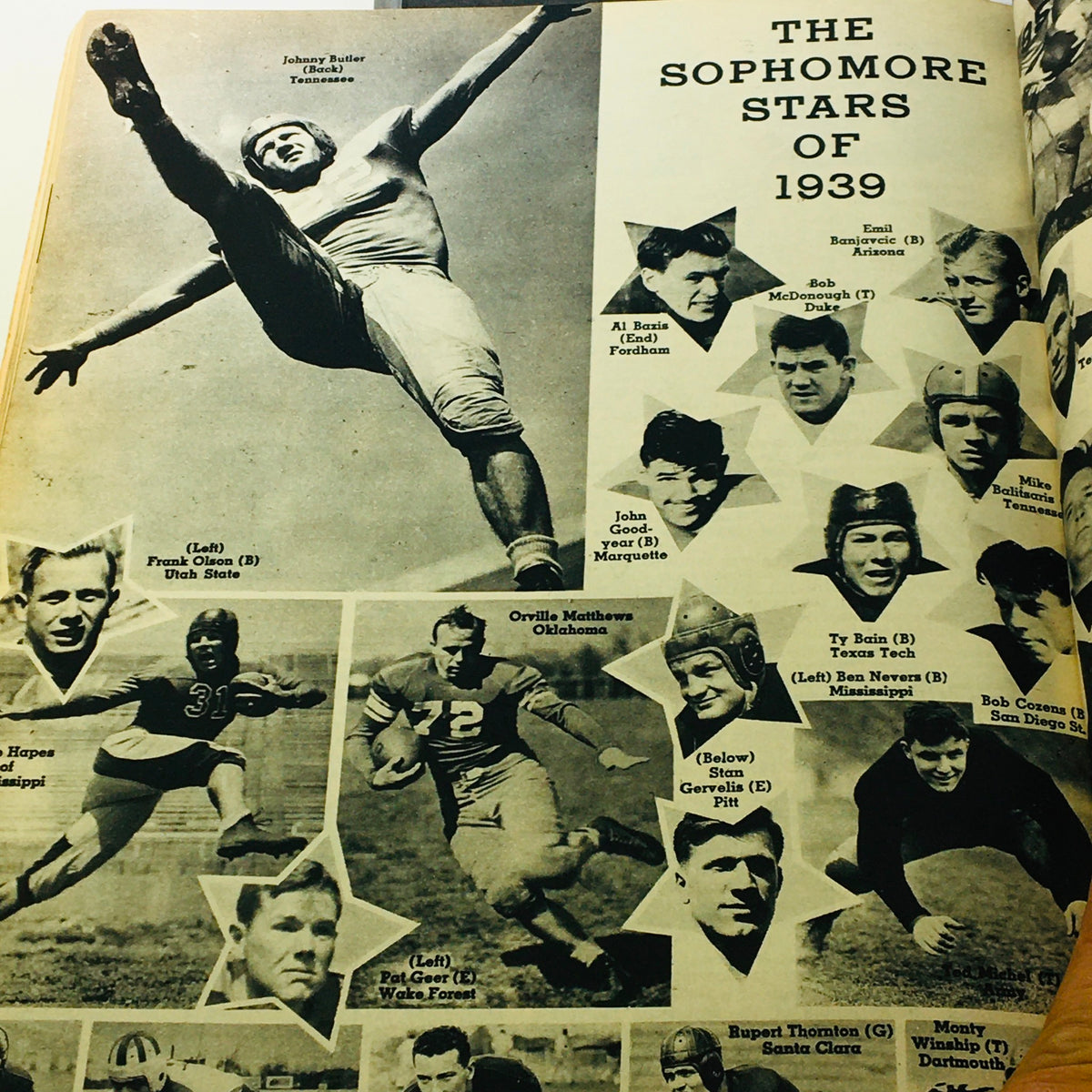 Sophomore Stars of 1939 illustration featuring players highlighted in the VTG Illustrated Football Annual Magazine 1939 - Henry Luebcke, Tackle of Iowa. Includes notable athletes like Johnny Butler, Al Babis, and others, showcasing the football talent of the era.