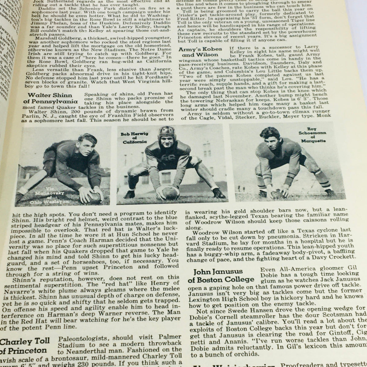 An interior page of the VTG Illustrated Football Annual Magazine 1937 showcasing Bob Herwig of California along with other notable football players and insights into the sport's evolution.