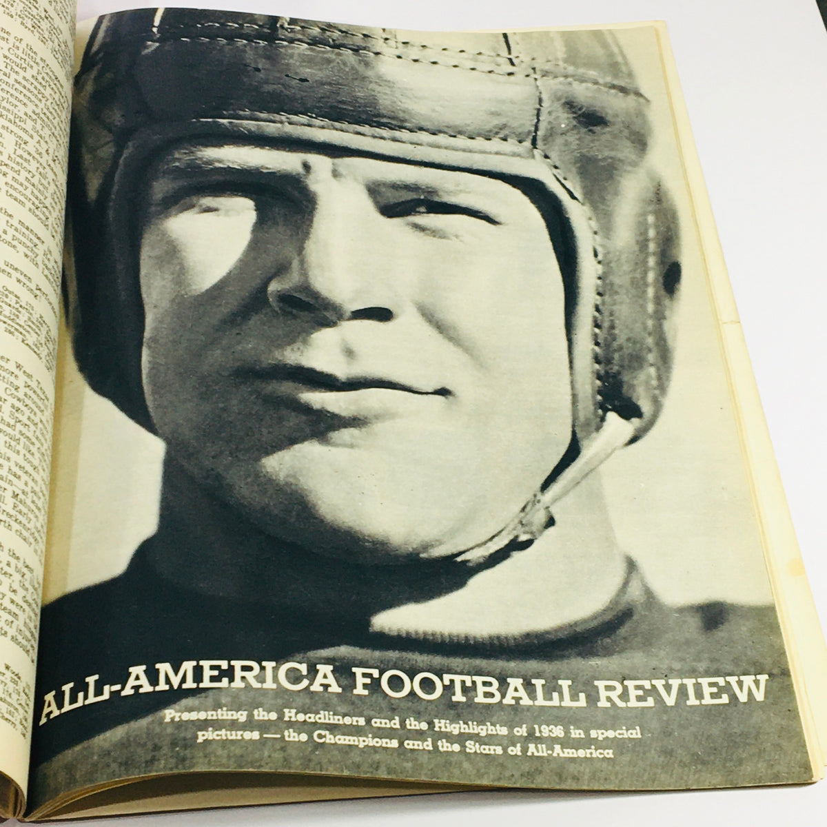 VTG Illustrated Football Annual Magazine 1937 page showcasing a close-up image of a football player in a vintage helmet.