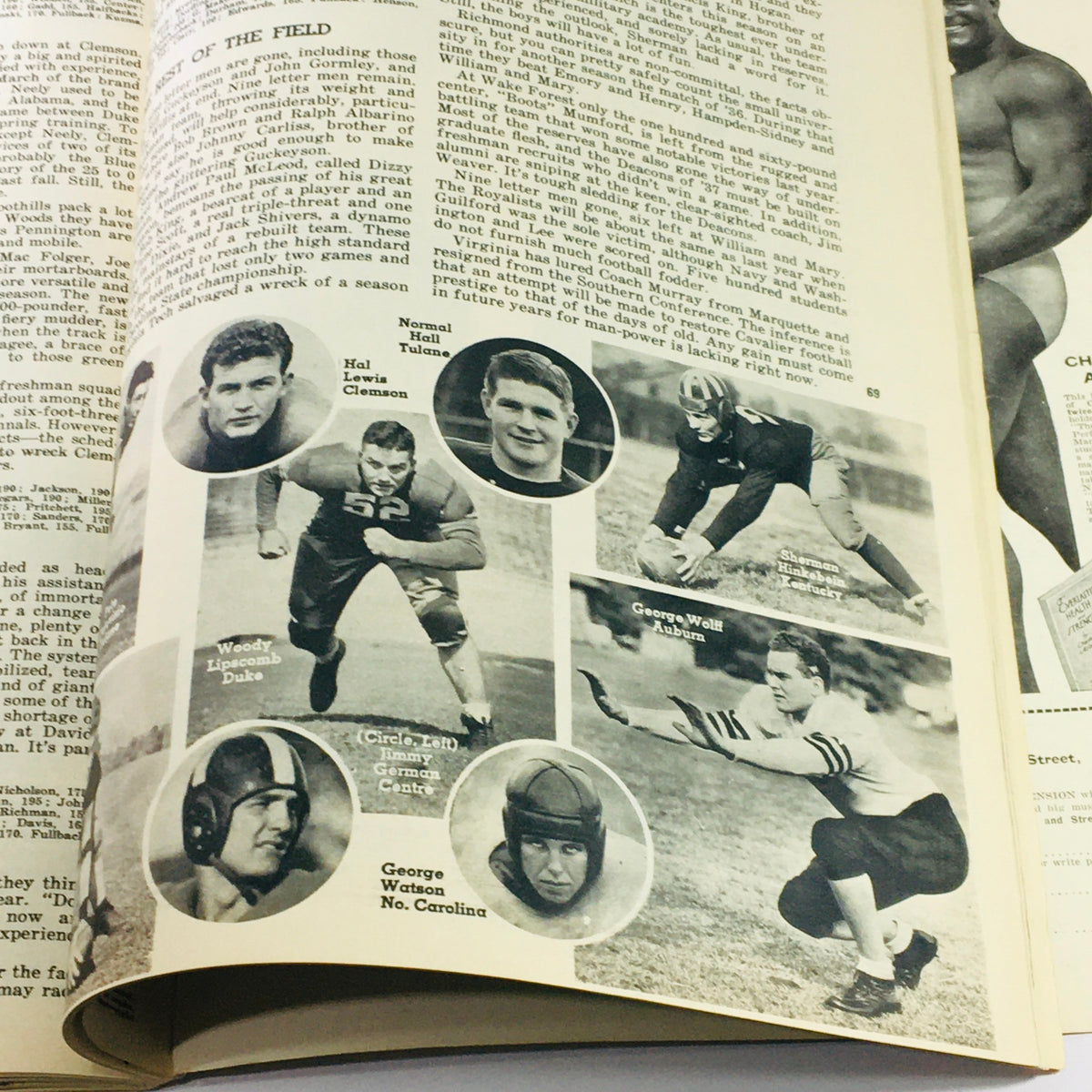 VTG Illustrated Football Annual Magazine 1937 page displaying multiple football players and descriptive text about their contributions to the game.