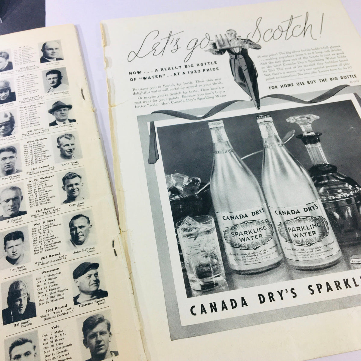 VTG Illustrated Football Annual Magazine 1933 showcasing an advertisement for Canada Dry's Sparkling Water alongside player photos.
