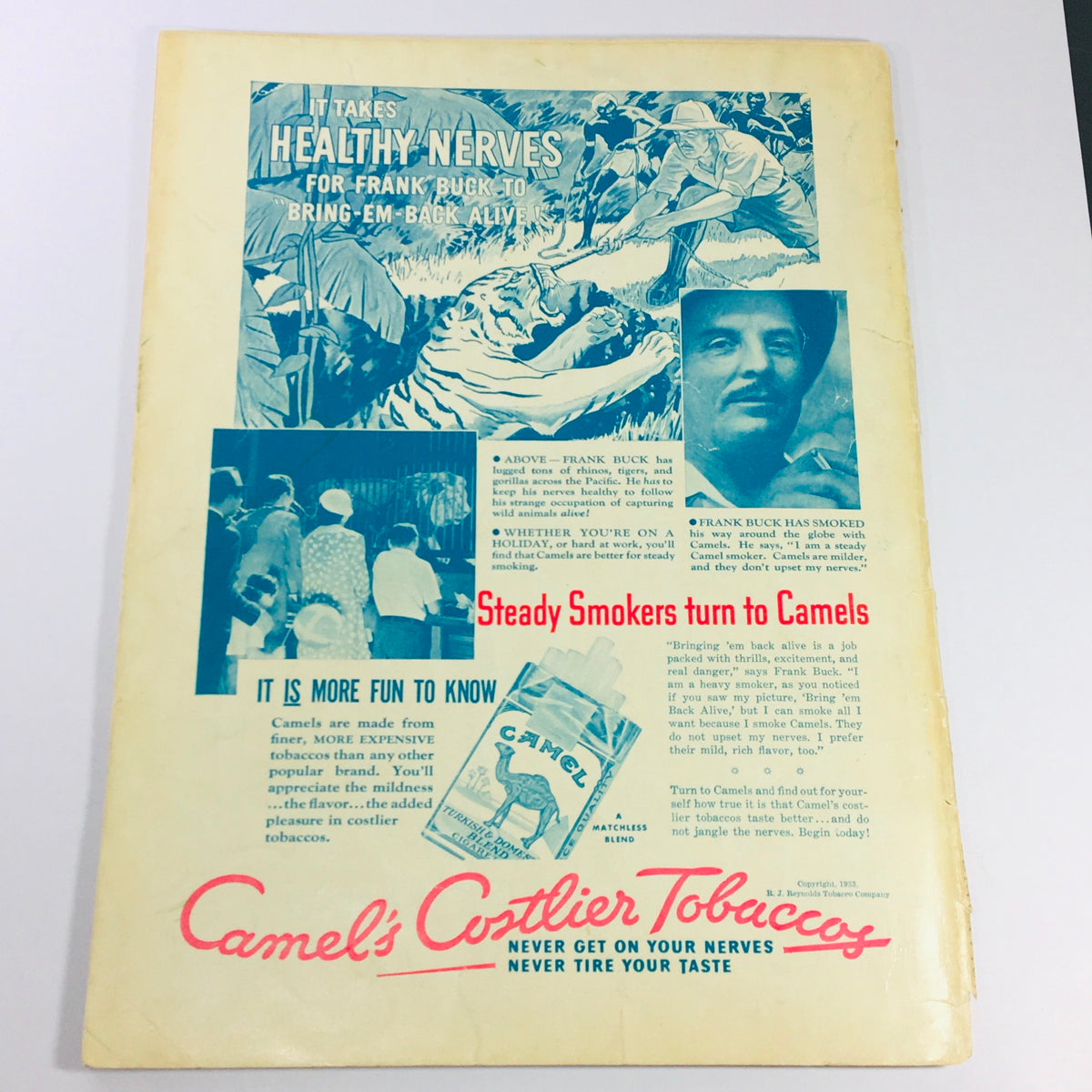 VTG Illustrated Football Annual Magazine 1933 with a Camel Cigarettes advertisement featuring Frank Buck promoting smoking.