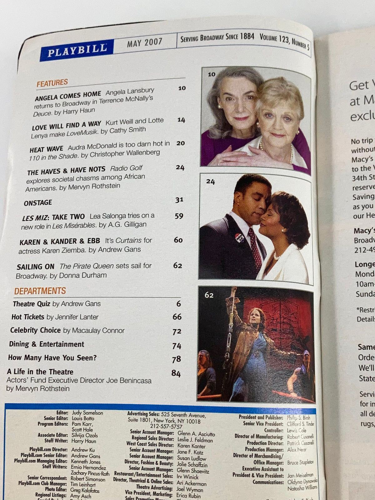 Interior page of the 2007 Playbill for Deuce, showing the table of contents and features.