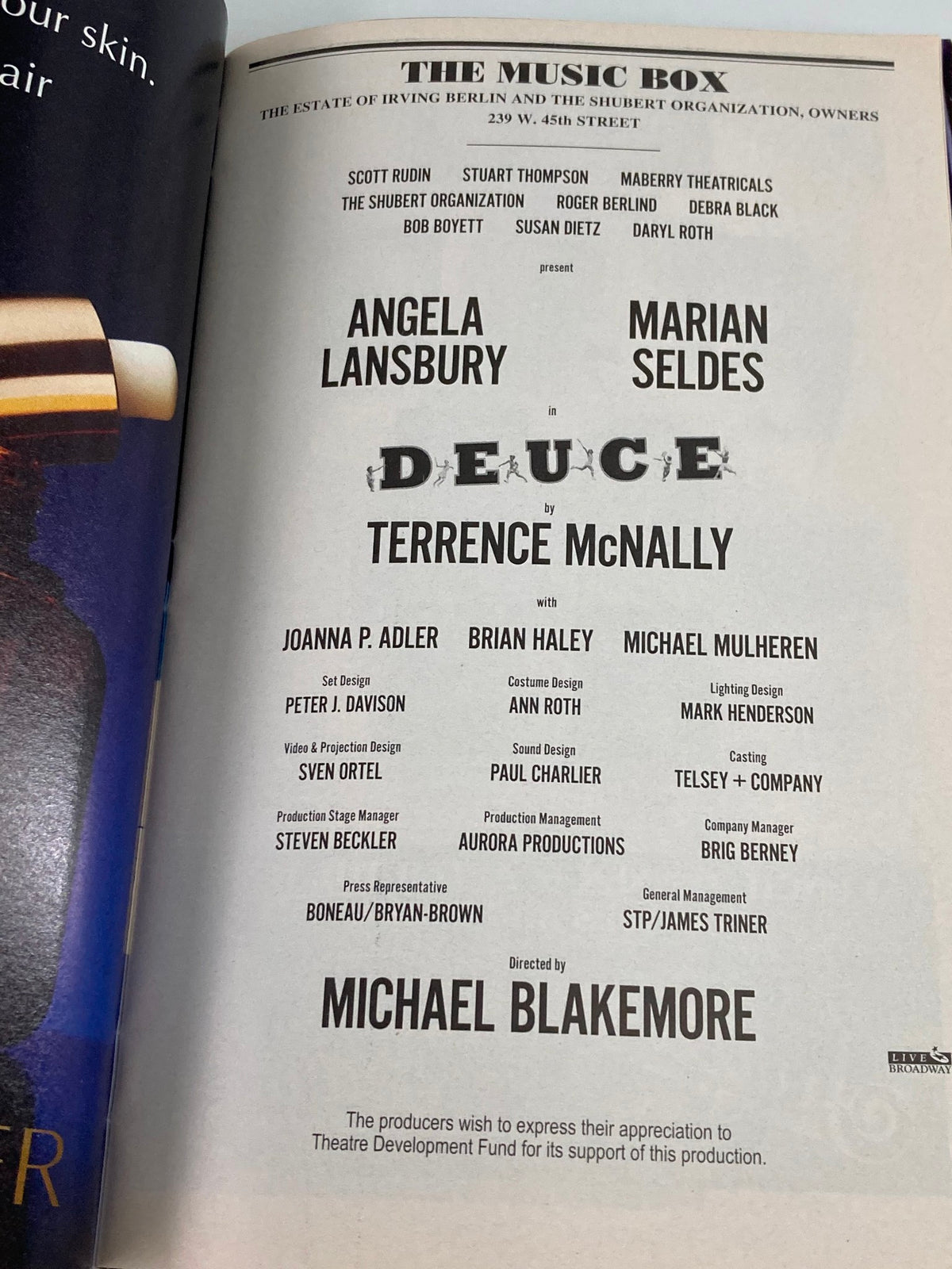 2007 Playbill for 'Deuce' featuring Angela Lansbury and Marian Seldes, showcasing the cast and production details at The Music Box Theatre.