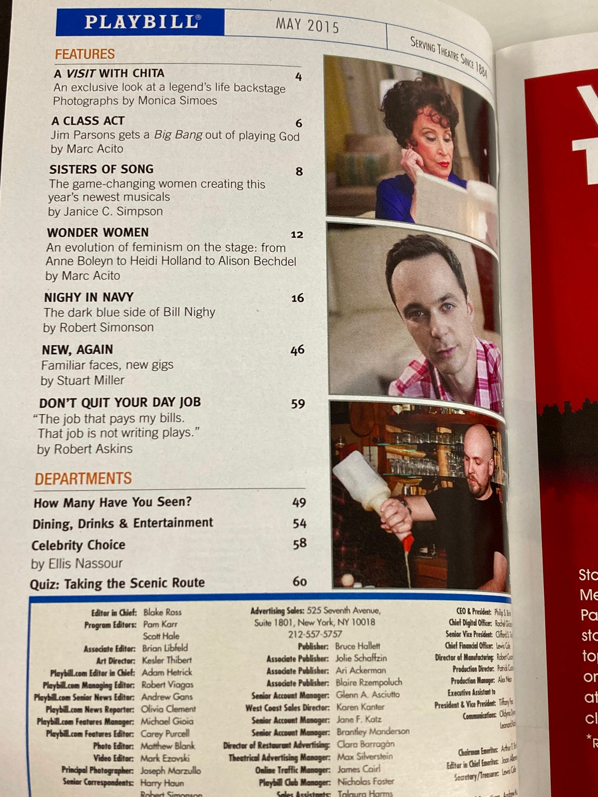 Interior page of the May 2015 Playbill showcasing articles and features related to theater, including an exclusive visit with Chita.