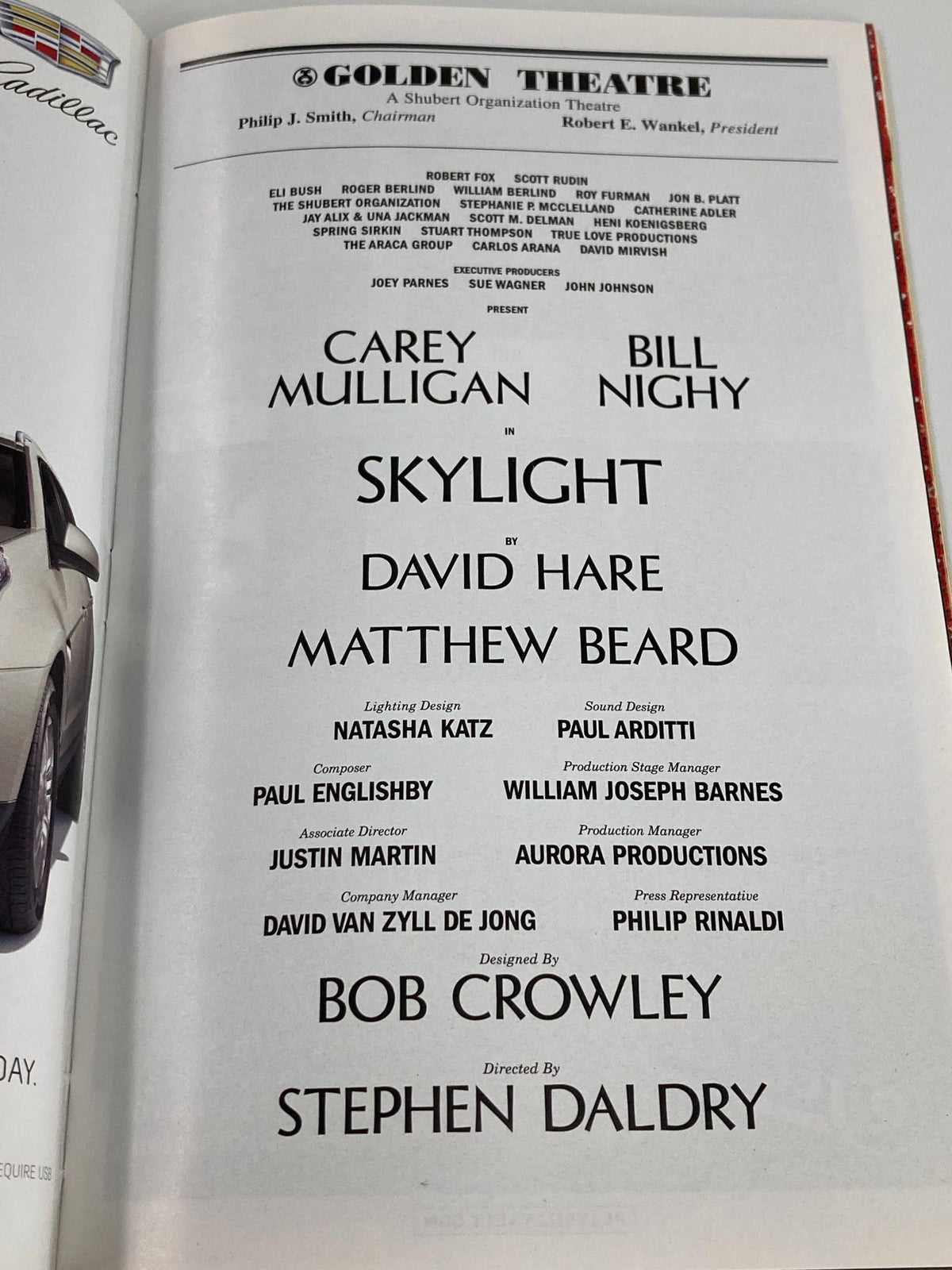 2015 Playbill Skylight at Golden Theatre featuring Carey Mulligan and Bill Nighy, showcasing cast and crew details from the acclaimed production.