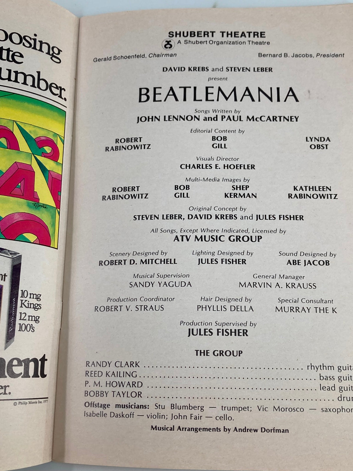 Inside of 1978 Playbill from Shubert Theatre, highlighting the presentation of Beatlemania with production credits and the cast including Randy Clark and Reed Kailing.