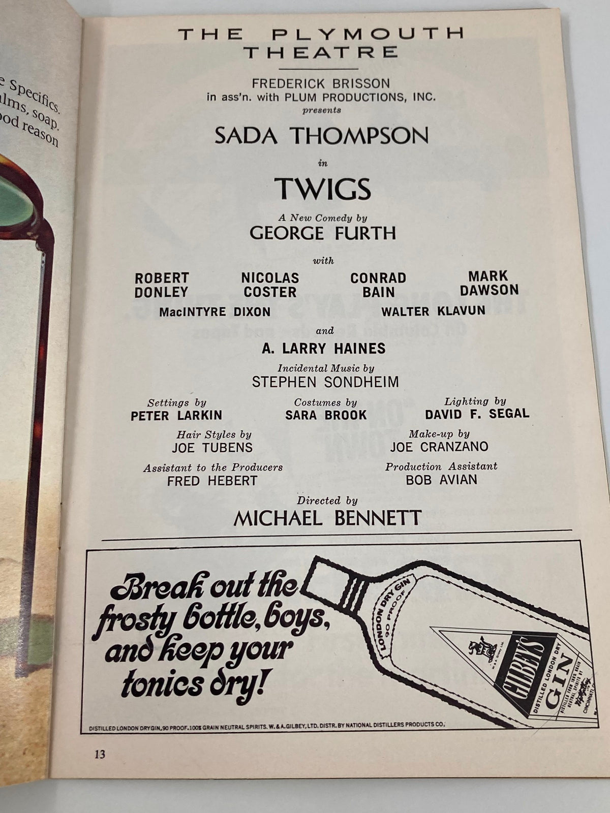 1972 Playbill interior page dedicated to Sada Thompson in Twigs by George Furth, highlighting the cast and crew details from The Plymouth Theatre.