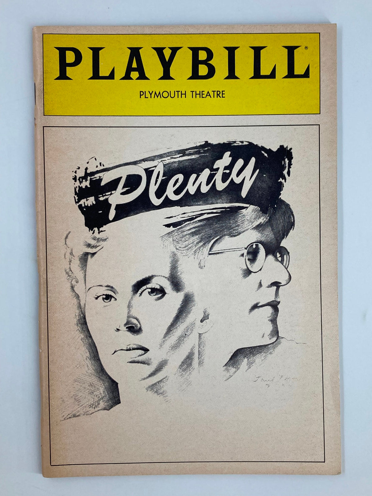 1983 Playbill from Plymouth Theatre featuring the title 'Plenty' prominently displayed, showcasing a vintage artistic cover with portraits of two characters, a significant collectible for theater enthusiasts.