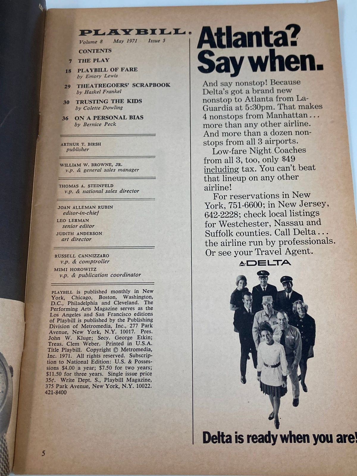 Inside page of the 1971 Playbill for And Miss Reardon Drinks a Little showcasing advertisement for Delta Airlines and reservation details.