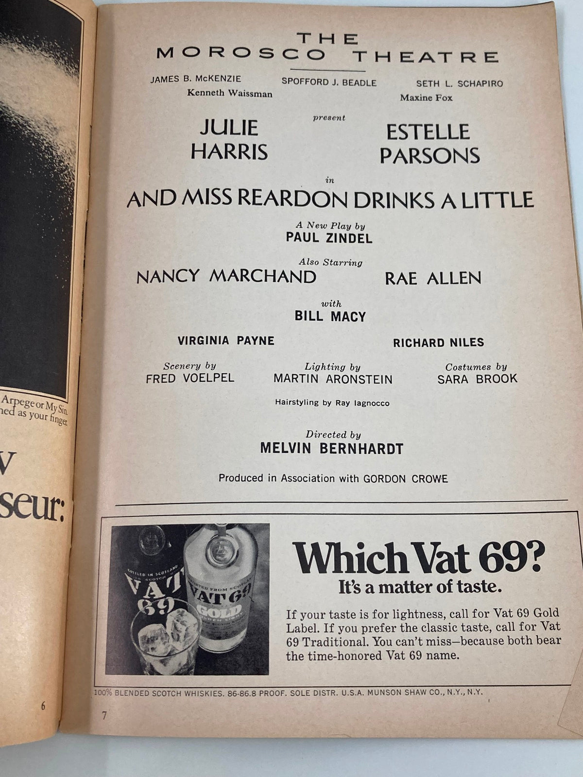 Advertisement page from the 1971 Playbill for And Miss Reardon Drinks a Little, including cast members and promotional content for the Morosco Theatre.