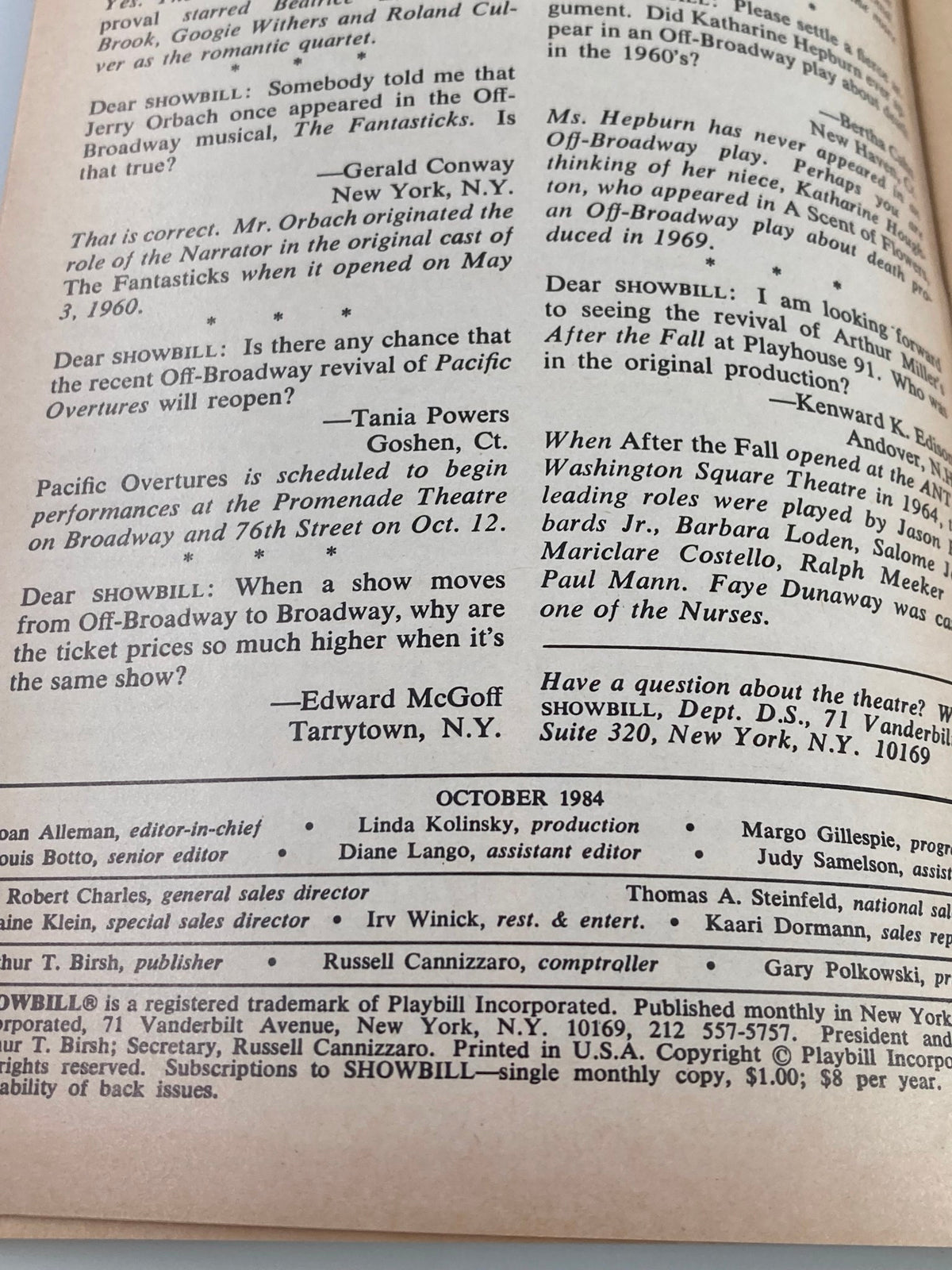 Inside page of the 1984 Showbill from Lamb's Theatre, featuring a letter section and details about Avner The Eccentric.