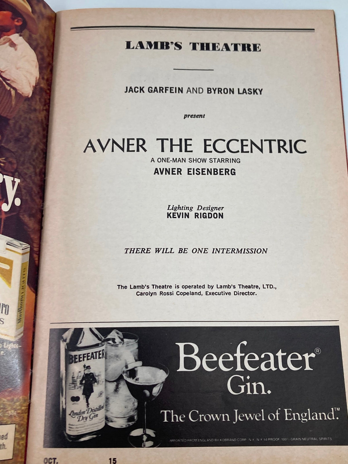 Advertisement page from the 1984 Showbill for Lamb's Theatre, promoting Avner The Eccentric, a one-man show starring Avner Eisenberg, with mention of the lighting designer Kevin Rigdon.