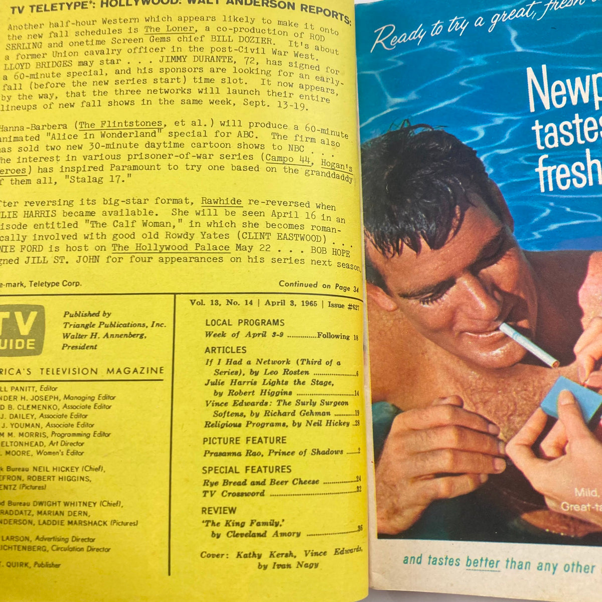 Interior pages of TV Guide Magazine April 3 1965 #627 featuring articles about TV shows, including Vince Edwards and Kathy Kersh. Highlighting program listings and features from that era.