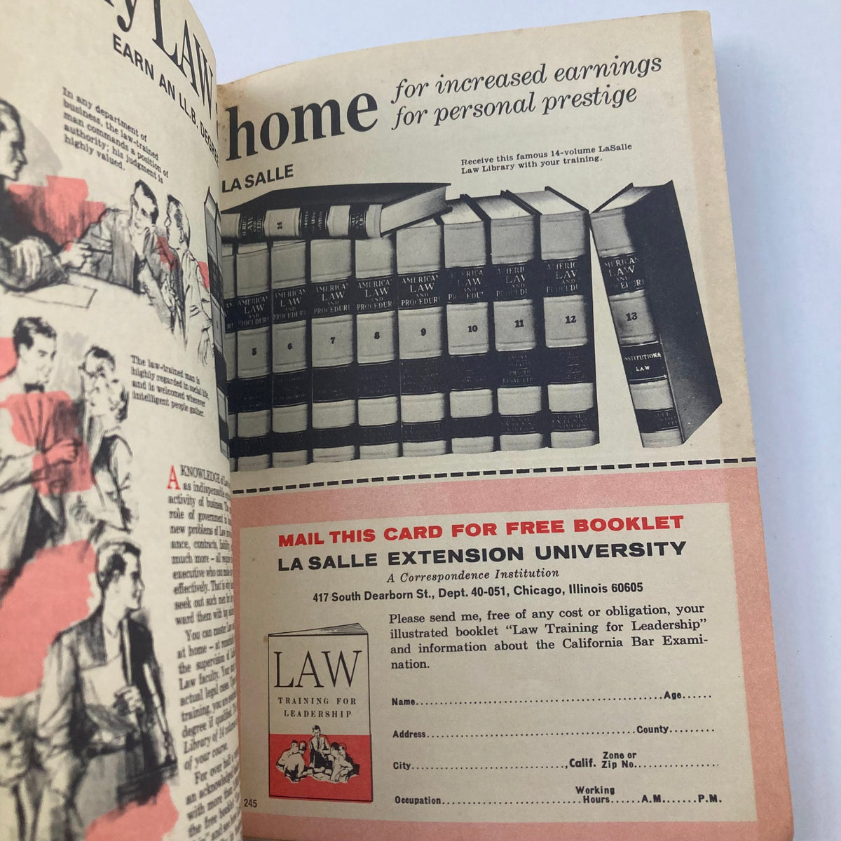 Ad featured in TV Guide Magazine April 3 1965 #627 promoting La Salle Extension University for law training. Showcasing vintage educational advertising from the 1960s.