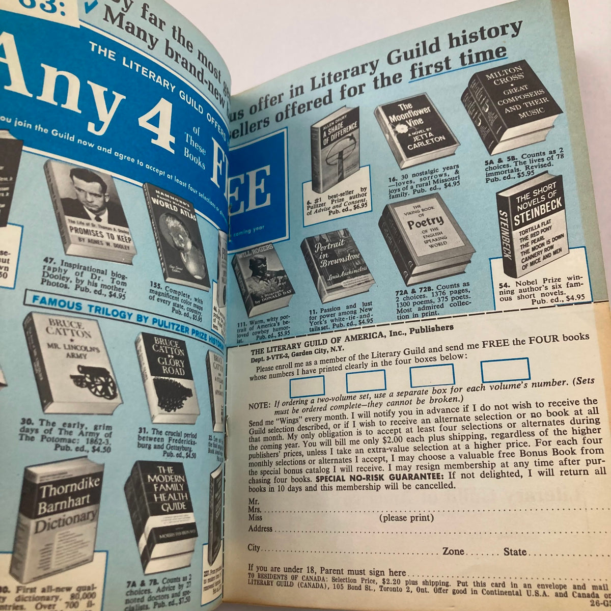 Another inside page of TV Guide Magazine from February 16, 1963, issue #516, displaying a Literary Guild advertisement alongside books available from publishers.