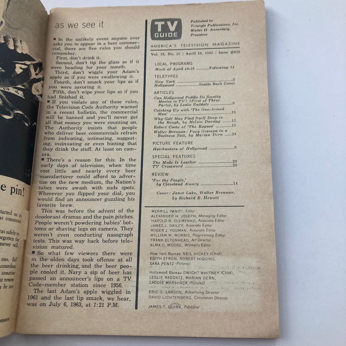 Interior page of TV Guide Magazine April 10 1965 #628 showing program listings and articles, including notable contributors.