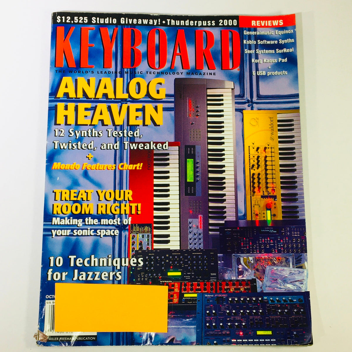 Cover of Keyboard Magazine October 1999 featuring 'Analog Heaven' with synthesizers, showcasing articles on music technology and Koblo Software Synths.