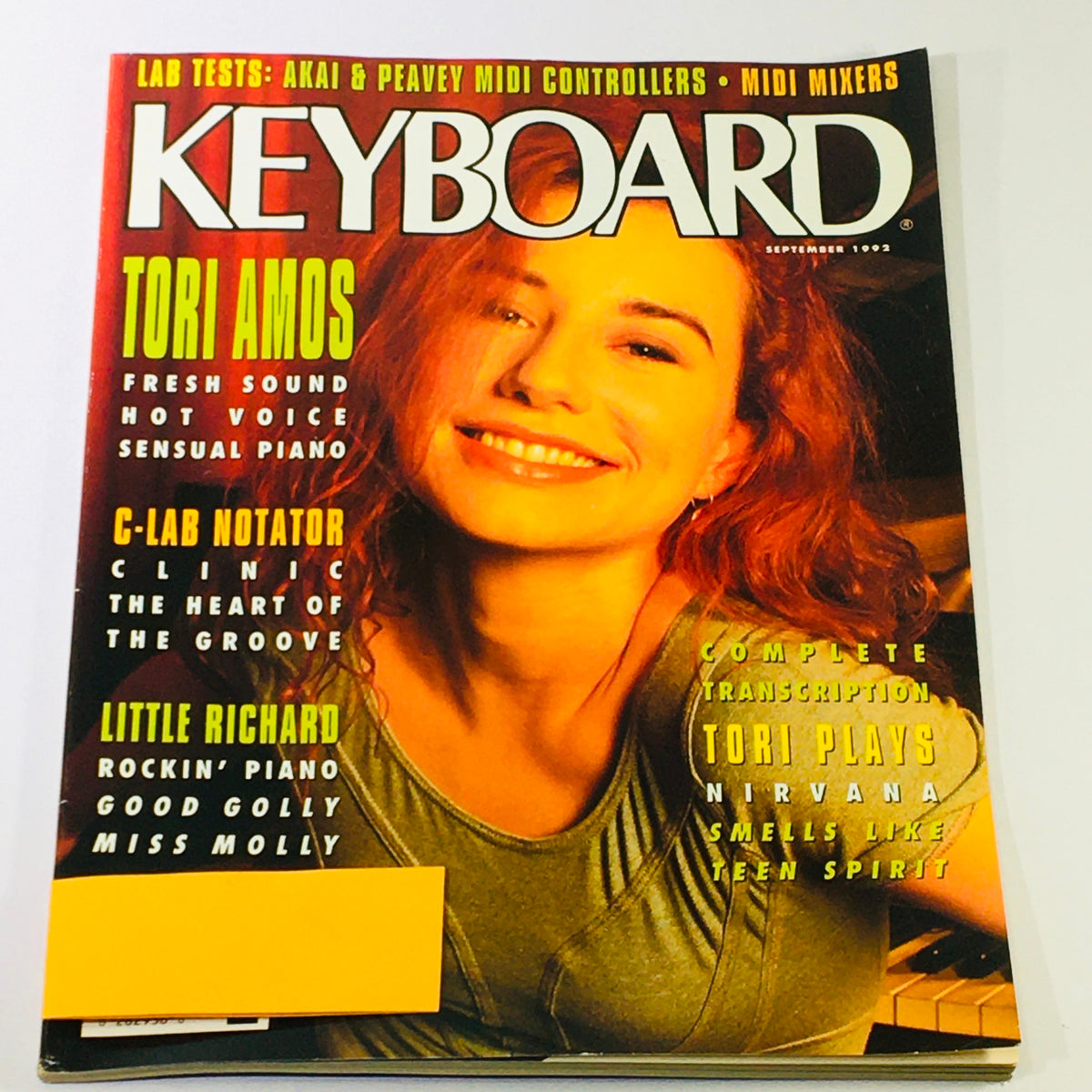 Cover of Keyboard Magazine September 1992 featuring Tori Amos, highlighting her performance of Nirvana and Little Richard songs with vibrant colors and eye-catching typography.