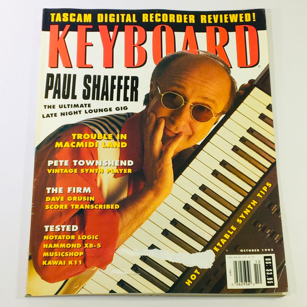 Keyboard Magazine October 1993 issue featuring Paul Shaffer on the cover, showcasing articles about synthesizers, electronic music, and notable musicians like Pete Townshend.