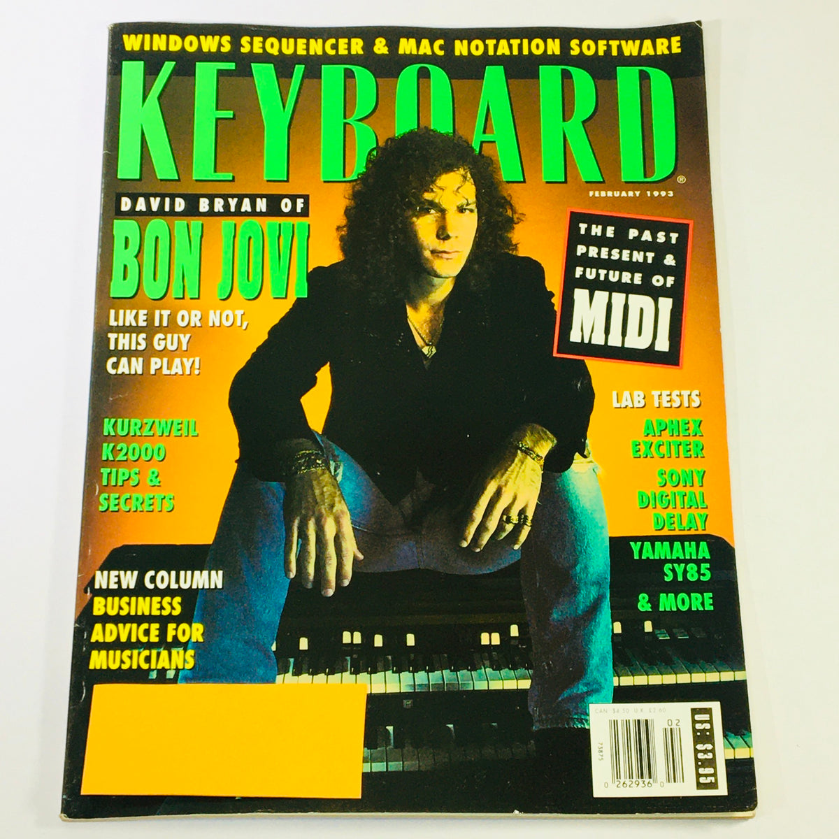 Keyboard Magazine cover from February 1993 featuring David Bryan of Bon Jovi, highlighting Kurzweil K2000 tips and secrets.