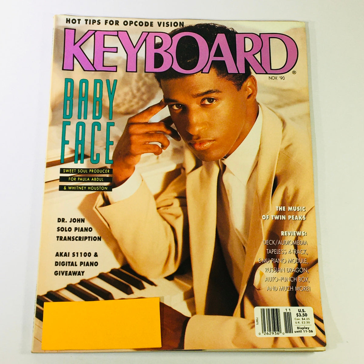 Cover of Keyboard Magazine from November 1990 featuring Baby Face, the sweet soul producer for Paula Abdul and Whitney Houston, showcasing his influence on pop and R&B music.