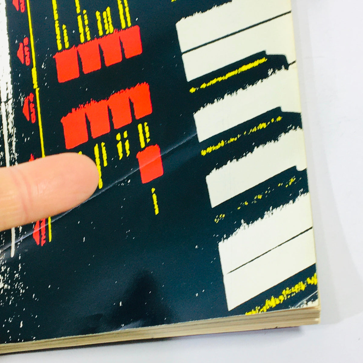 Close-up of Keyboard Magazine August 1990 cover, highlighting colorful keyboard graphics and the attention to detail in the design representing the art of lies.