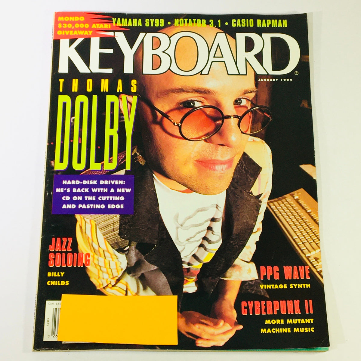 Keyboard Magazine January 1992 featuring Thomas Dolby on the cover, highlighting jazz soloing with contributions from Billy Childs. The cover includes text about hard-disk driving and various music topics of the early 90s.